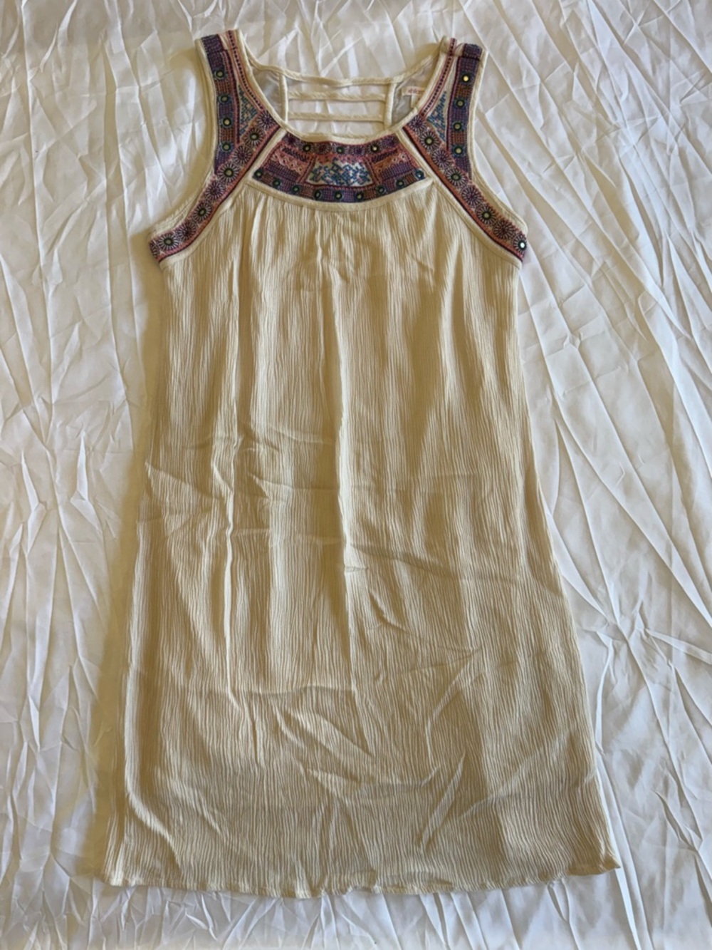 Xhilaration Cream Mini Dress with Multicolor Embroidered boho size medium